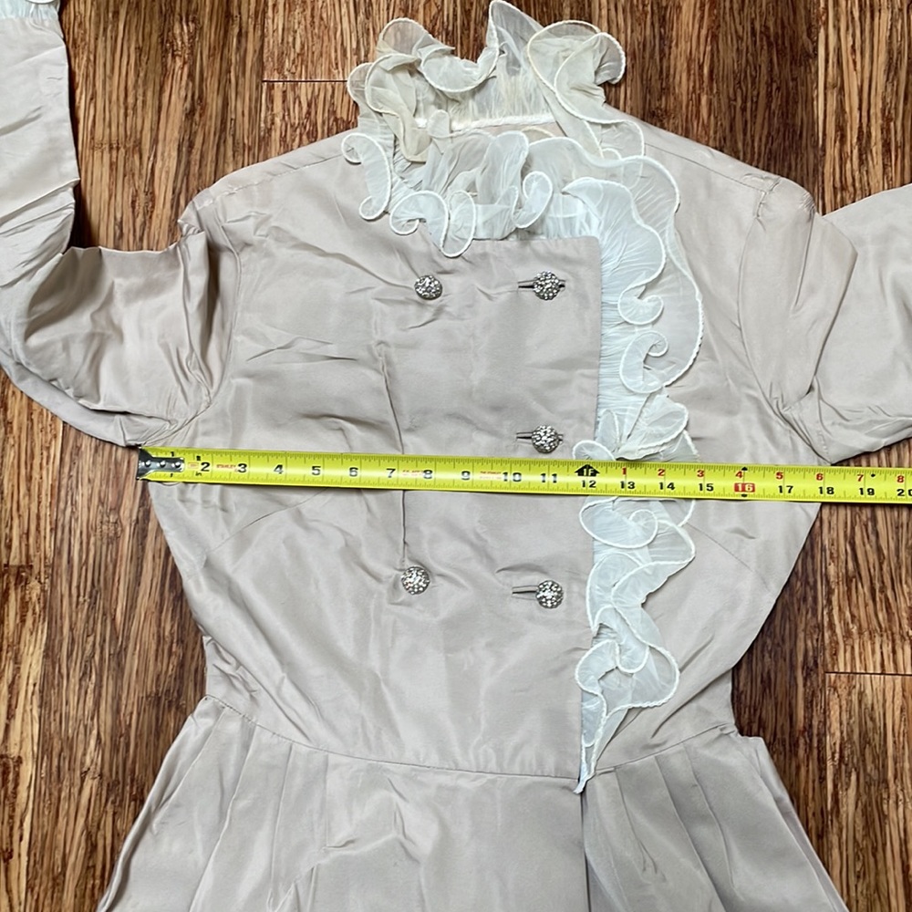 Vintage Mr. Frank New York tan ruffle trim jacket style wrap dress size 12 - Picture 6 of 16